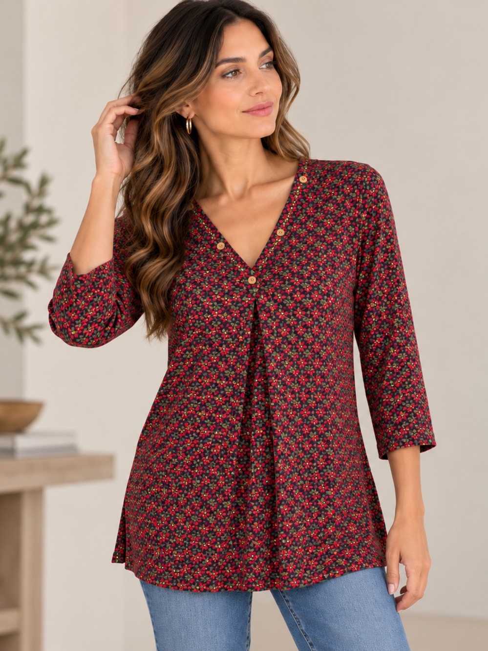 Global Desi Boho Geometric V-Neck Pleated Tunic Top